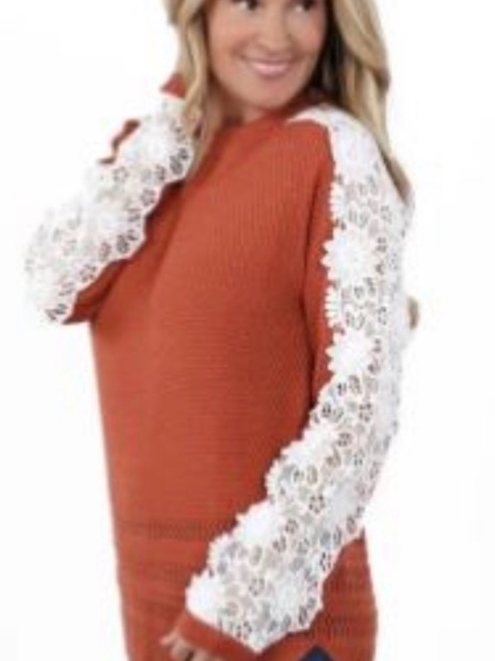 Listicle Rust Orange Knit Sweater with White Lace Sleeve Detail Size Small